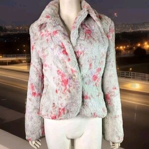 Brandon Thoimas Womens M Shabby Chic Faux Fur Jacket Gray Floral